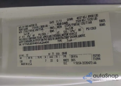 2013 Ford E-250 Commercial из США, поврежденный, VIN 1FTNE2EW4DDA24400